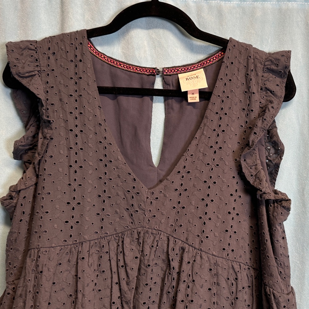 Knox Rose Plum Eyelet V-Neck Mini Dress with Ruffle Sleeves - Picture 3 of 5